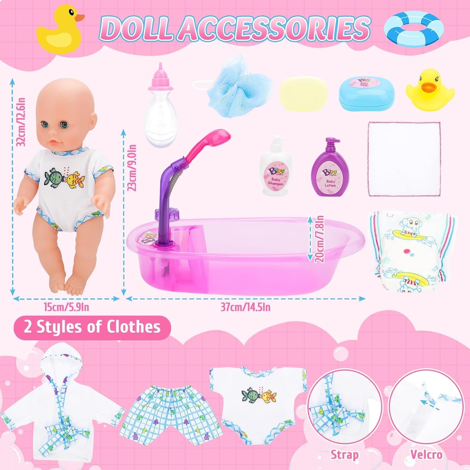deAO Set vasca da bagno per bambole, bambola interattiva da 33 cm, vasca da bagno per bambole, set da gioco per bambole con ciuccio, vestiti per bambole, accappatoio, pannolini per bambole, vasca da bagno e spray doccia funzionale