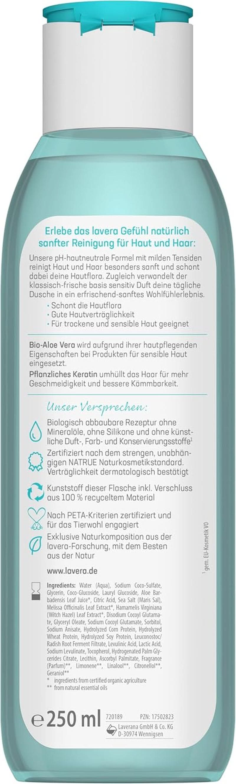 Lavera Care Basis Sensitiv 2 in 1, Shampoo e gel doccia con aloe vera biologica e cheratina vegetale, 250 ml Doccia e bagno Naty Shop