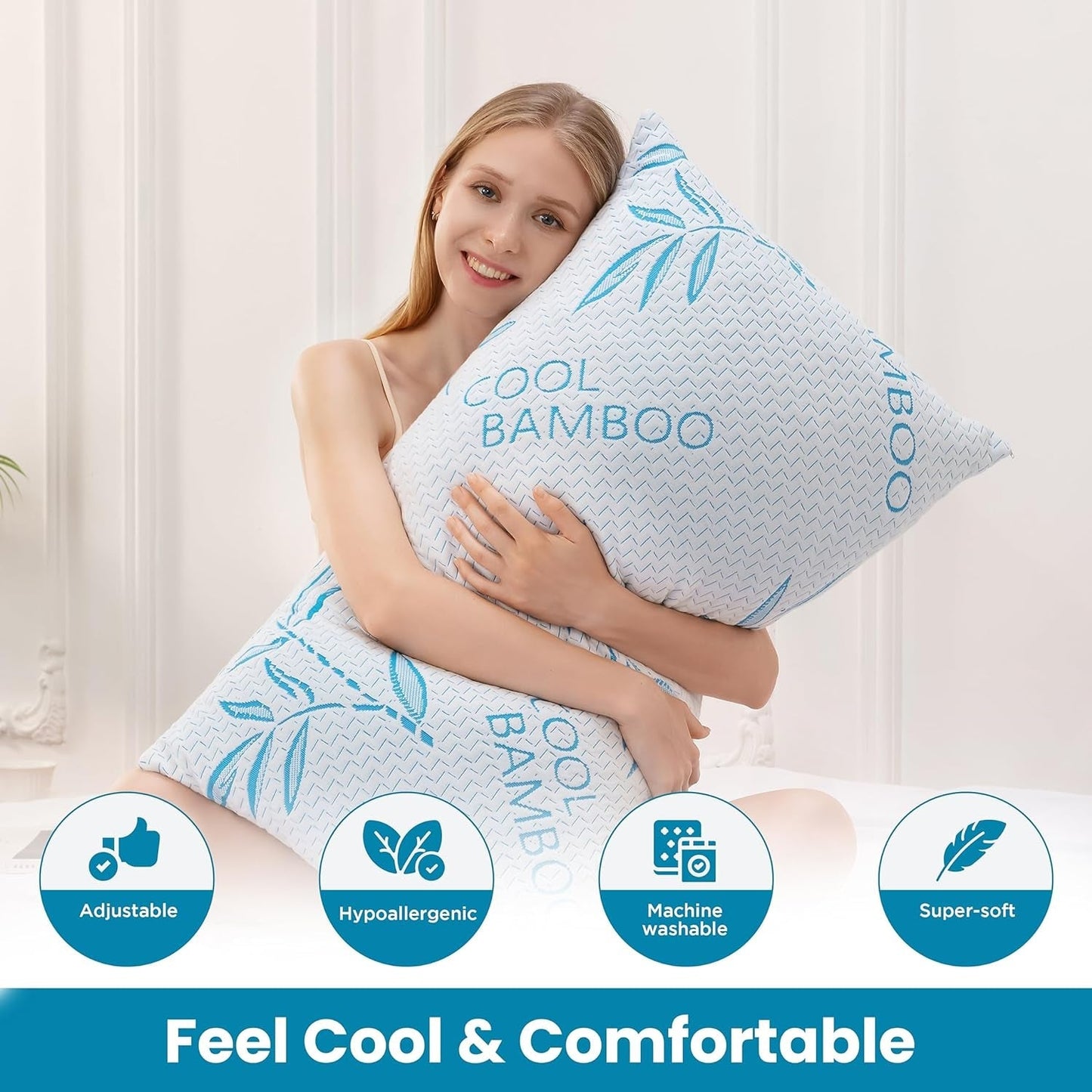 Comfysleep Cuscino King Size in Viscosa di Bambù, Memory Foam Triturato e rinfrescante, Fodera Removibile/Lavabile in Viscosa di Bambù Regolabile, 2 Pezzi Naty Shop Cuscini Standard