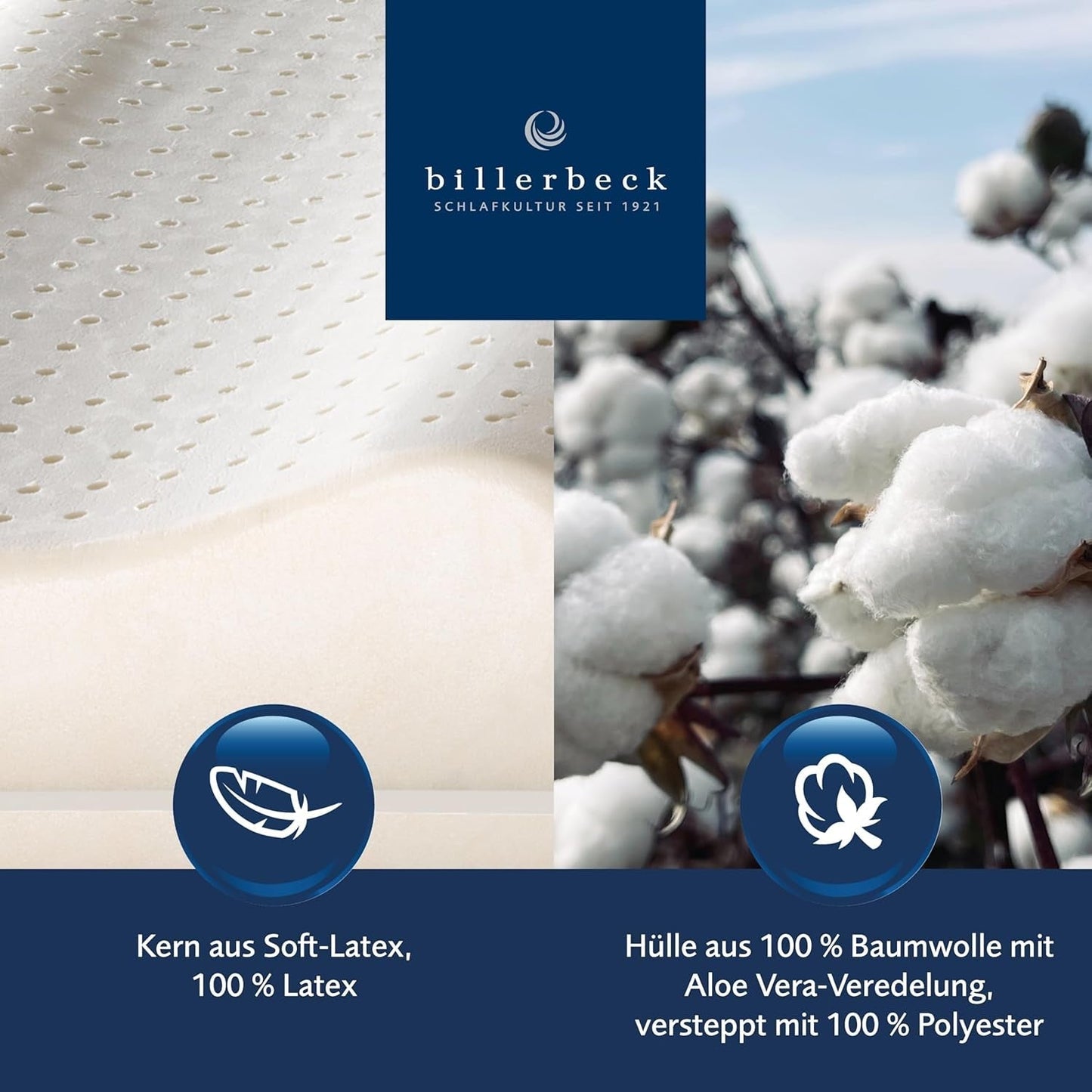 Billerbeck Pillow S20 Latex - Cuscino per il collo in 40 X 80 cm - Cuscino di supporto per il collo con morbido nucleo in lattice, cuscini standard bianchi Naty Shop