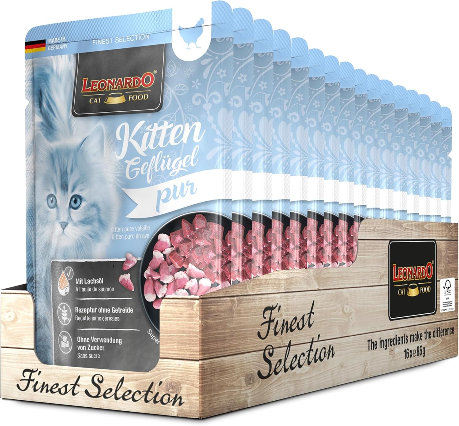LEONARDO Fresh Buste [16 x 85g di cibo umido per gatti, senza cereali] | Alimento umido completo in bustine individuali