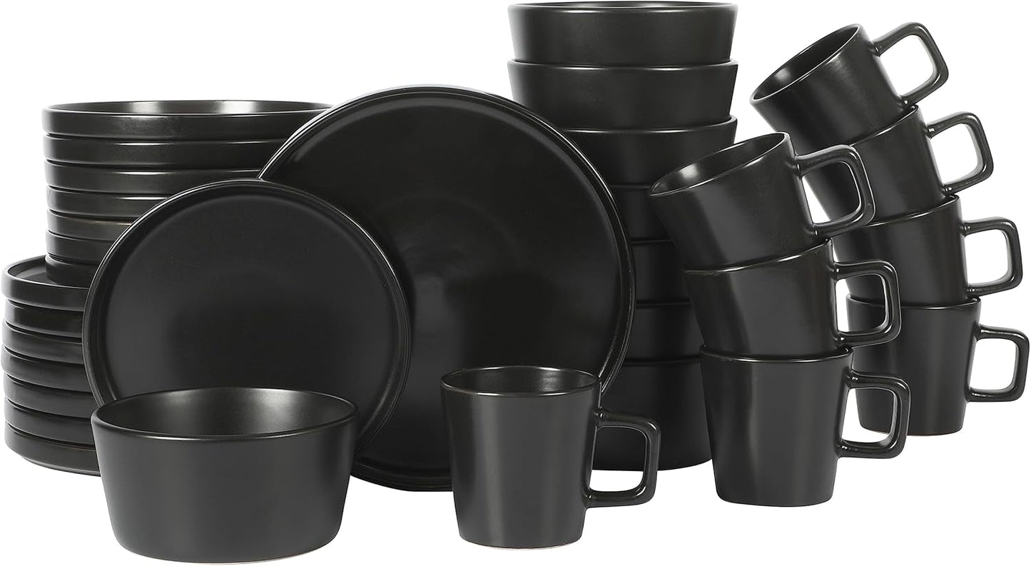 Set di stoviglie Bowery, 32 pezzi, nero opaco, gres, piatti, ciotole e tazze, per 8 persone