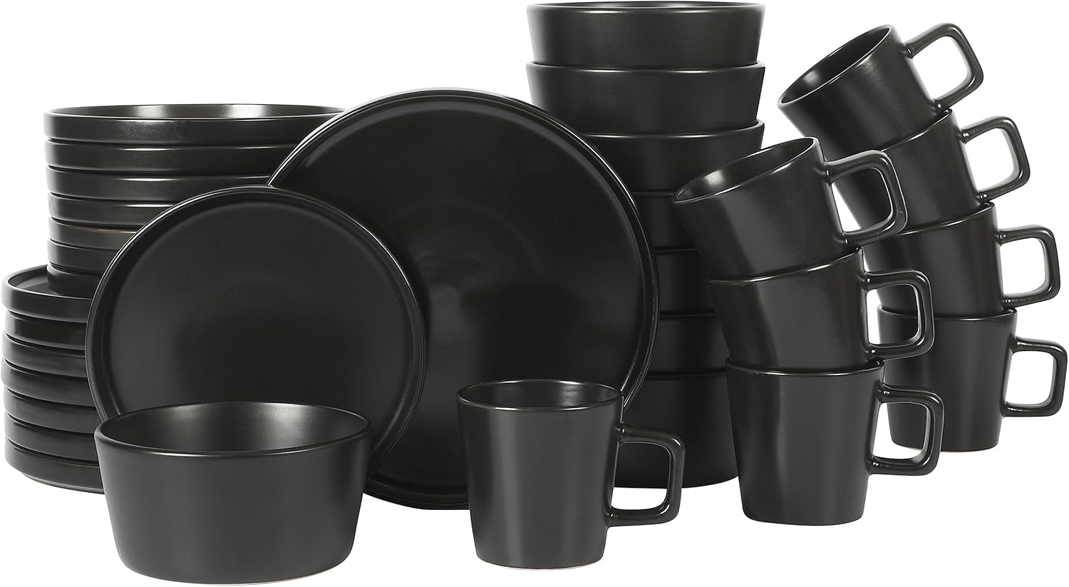 Set di stoviglie Bowery, 32 pezzi, nero opaco, gres, piatti, ciotole e tazze, per 8 persone