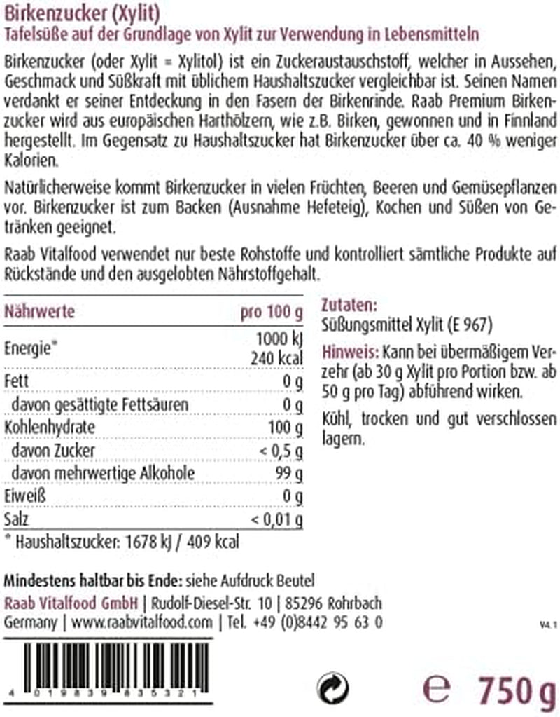 Raab Vitalfood Premium Birkenzucker, Xylit, Vegan, 1:1 Zucker-Alternative, Süßungsmittel, Zahnfreundlich, Vorratspack, 750 G Dolcificanti Naty Shop
