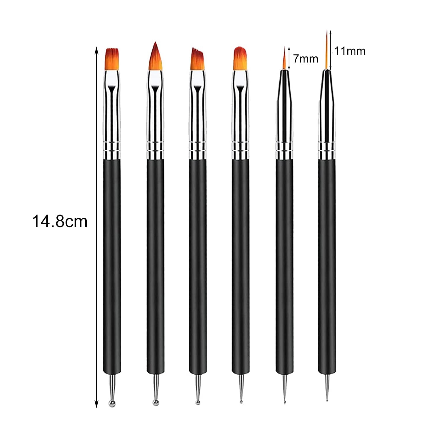 6 Stück Doppel-Ende Nagel Pinsel, Nageldesign Pinsel, Doppel-Ende Nail Art Pinsel Kit Professionale Maniküre Werkzeuge Kit（Nero）