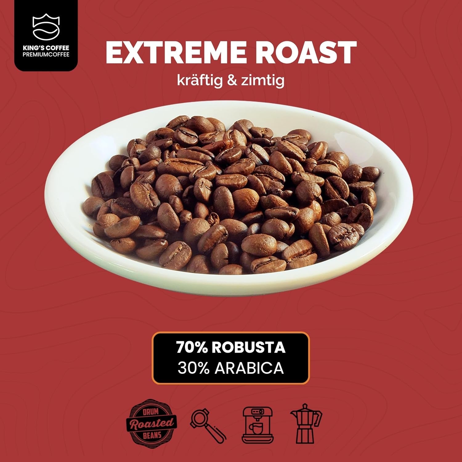 KING'S COFFEE - EXTREME ROAST - Espresso Intenso in grani - bassissima acidità - tostatura in piccoli lotti dall'Italia - caffè in grani per macchine completamente automatiche e macchine portafiltro - 1 kg