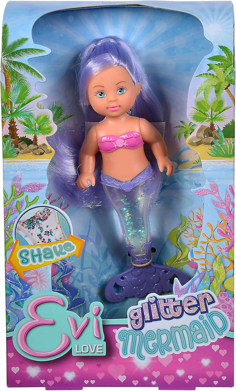 Simba 105733482 - Evi Love Glitter Sirena, bambola sirena con una pinna caudale che si illumina quando viene agitata. Viene fornito UN solo articolo.