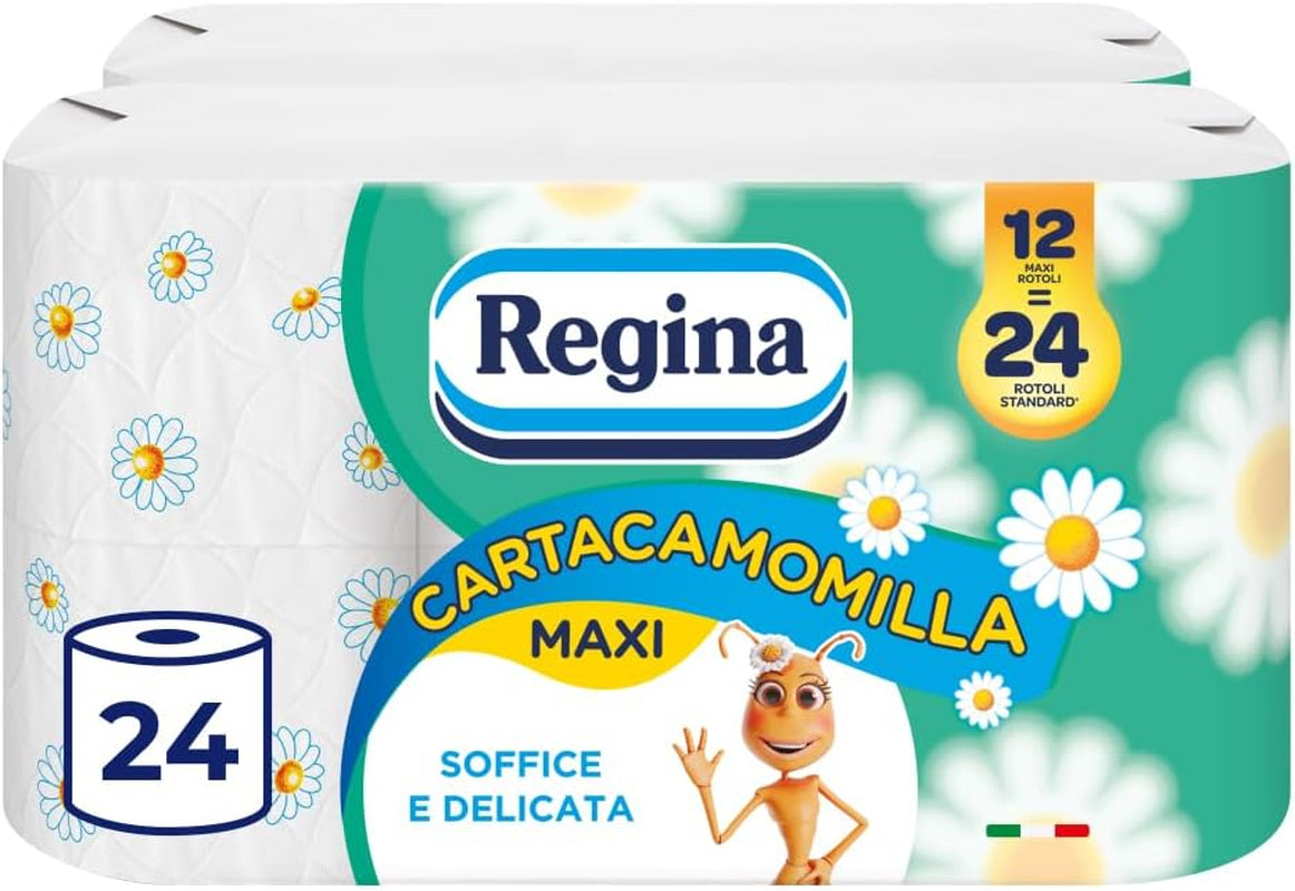 Regina Cartacamomilla - Carta Igienica 8 Rotoli, 300 Soffici Fogli, 3 Veli, Morbida e Resistente, Confezione in Carta Riciclabile
