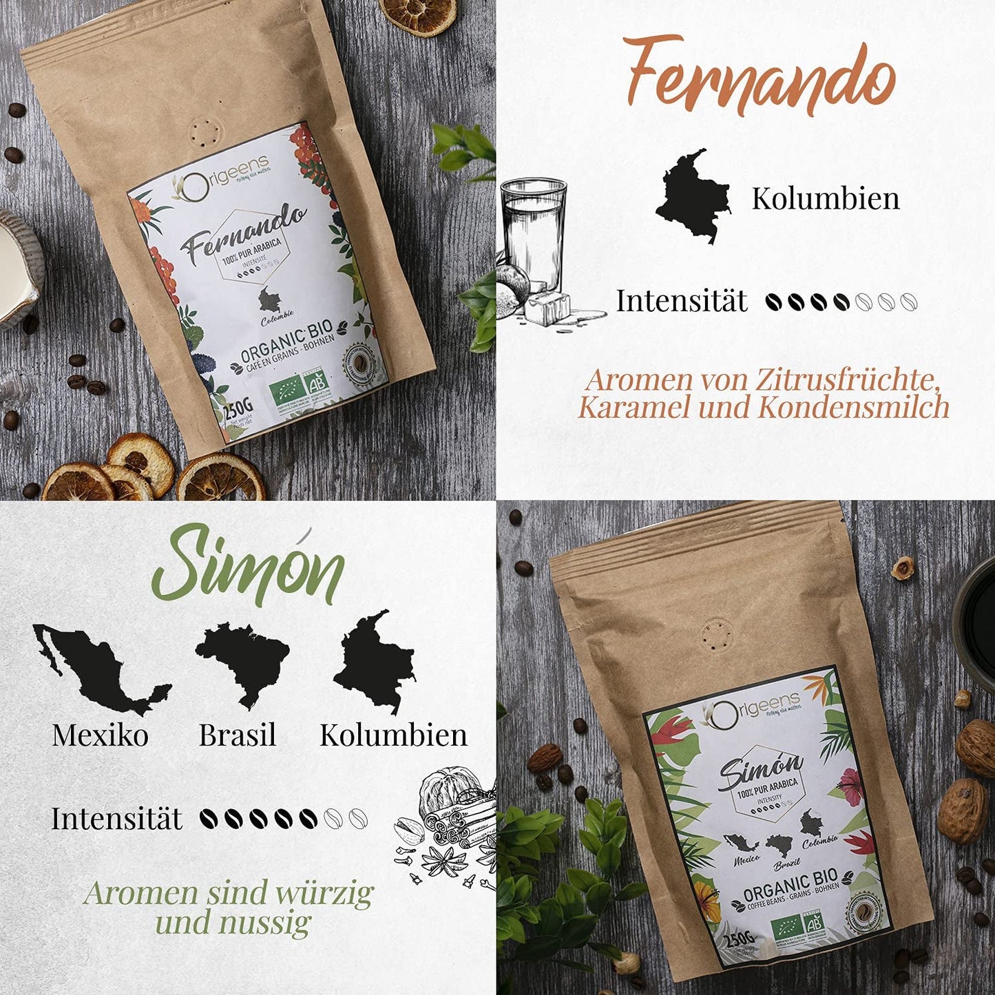ORIGEENS Bio Kaffeebohnen Probierset 1kg | Premium Bio Arabica Kaffee Ganze Bohnen Set 4x250g | Röstung tradizionale | Kaffee Geschenkset