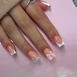 24 pezzi di fiocchi di diamanti rosa compresse per french manicure unghie quadrate modello strass unghie artificiali rosa nudo manicure con colla a copertura totale