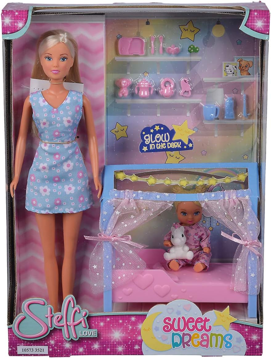 Simba Steffi Love Sweet Dreams / Bambolina carina e culla / con funzione fosforescente / 12 pezzi / 29 cm / Per bambini dai 3 anni in su