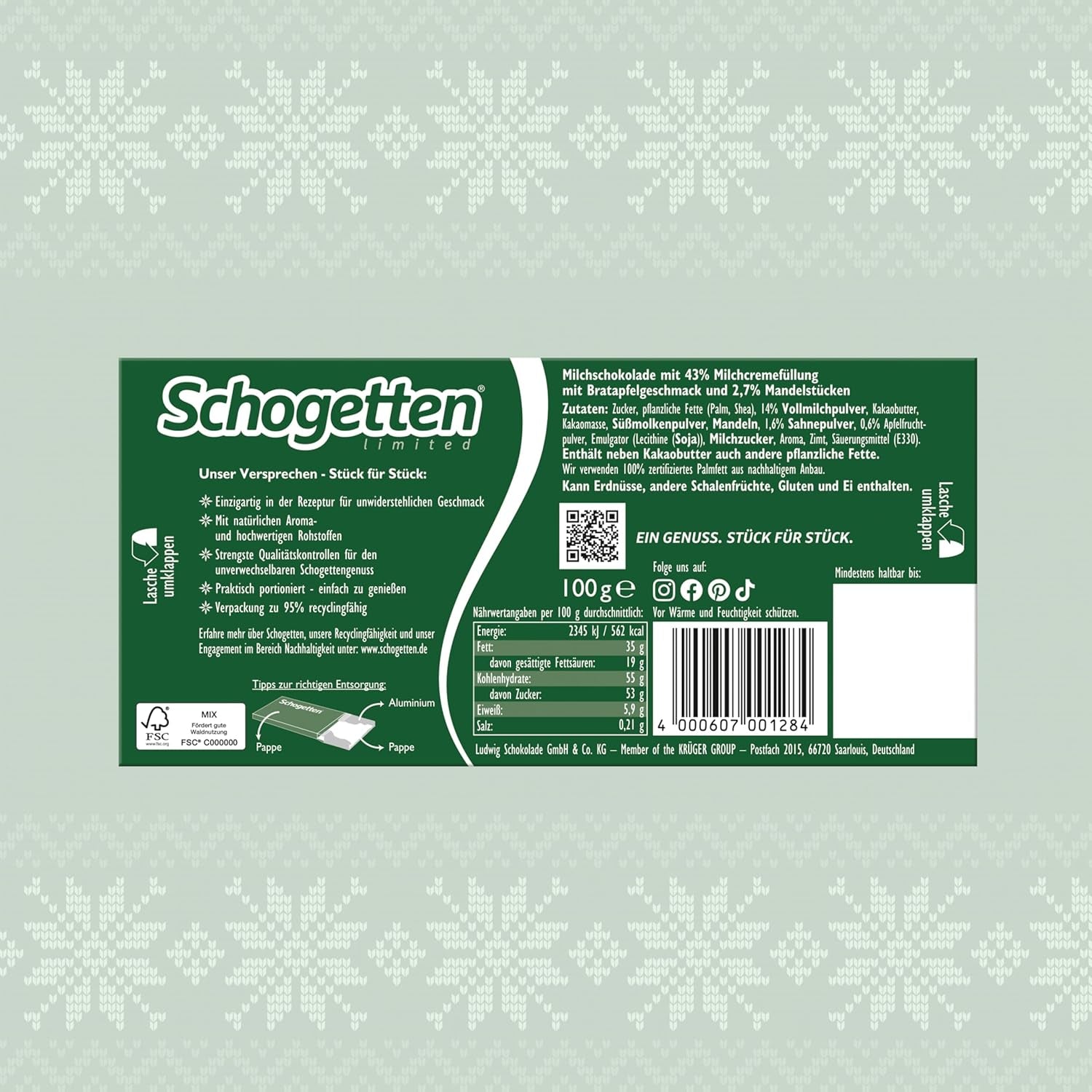 Schogetten Edizione invernale con mele mature I Tavoletta di cioccolato 100g I con cioccolato al latte e in comodi pezzi singoli