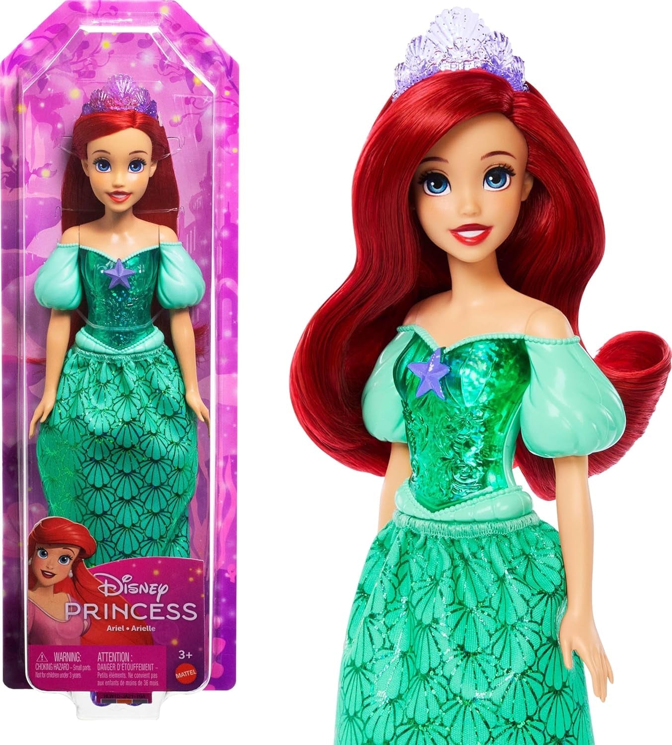Mattel Disney Princess Ariel bambola, capelli lunghi, posizionabili, scarpe e fascia staccabili, regali Disney, giocattolo per bambini dai 3 anni in su, HLW10
