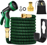 Tubo da giardino flessibile verde da 30 m/100 piedi con ugello di spruzzatura e connettori in ottone da 3/4" e 1/2" 10 funzioni Tubo dell'acqua estensibile a 3 pieghe senza attorcigliamenti per pavimento da giardino, patio, auto