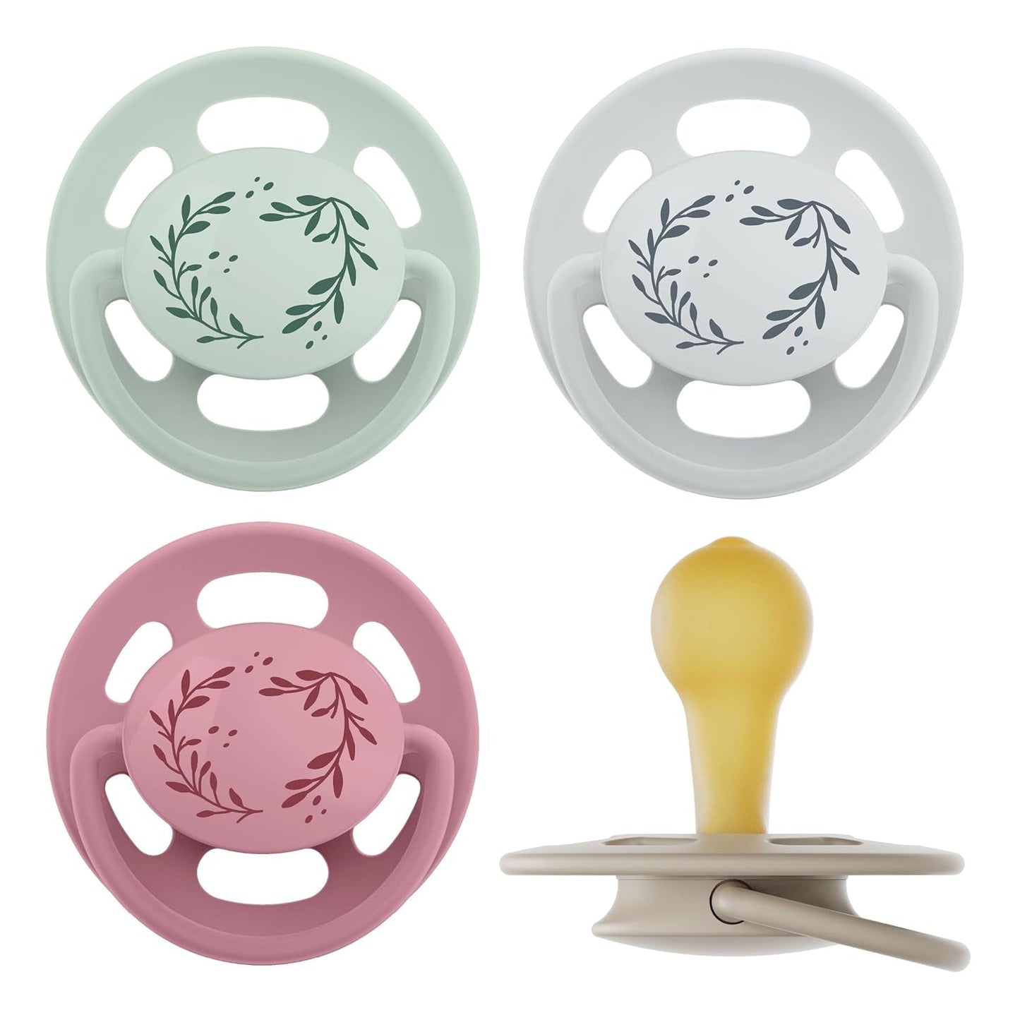 nip - Verde Ciliegia | 0-6 mesi | Confezione da 4 | Suzeta per bebeluși, potenza per alaptare e per loro. Tessuto sostenibile, realizzato in materiale naturale, verde scuro/marrone