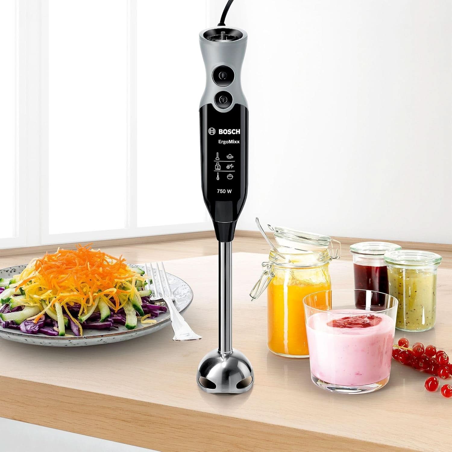 Bosch Stabmixer Ergomixx MSM67170, Edelstahl-Mixfuß, Universalzerkleinerer, Mix- Und Messbecher, Schneebesen, Ice-Crush-Klinge, Leichtes Gehäuse, 12 Stufen plus Turbostufe, 750 W, Nero/Grau Kitchen Naty Shop