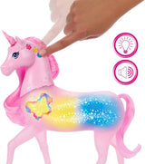 Barbie unicorno che si illumina al buio con 20 combinazioni interattive di effetti luminosi, sonori ed musicali per giocare premendo i pulsanti e accarezzando la testa, JCP78