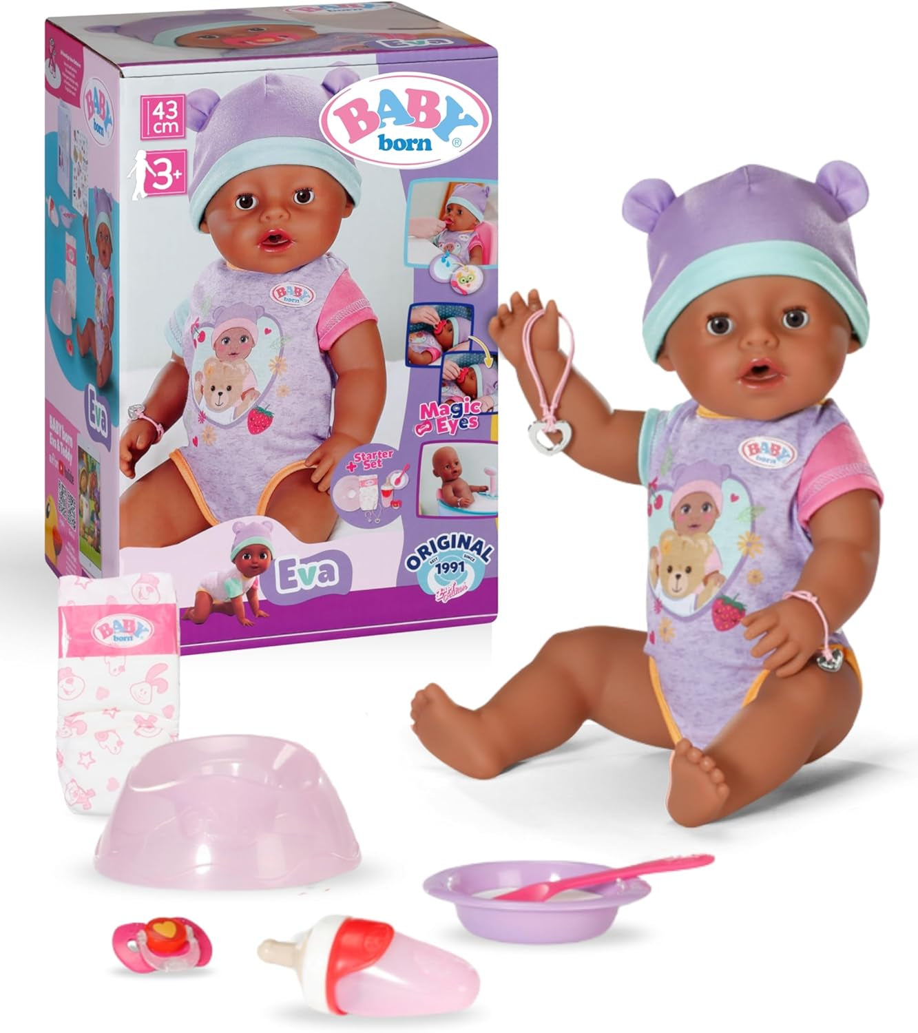 BABY Born Eva - bambola baby 43 cm - 10 funzioni inclusi accessori e materasso - Funziona completamente senza batterie - Adatto a bambini dai 3 anni in su