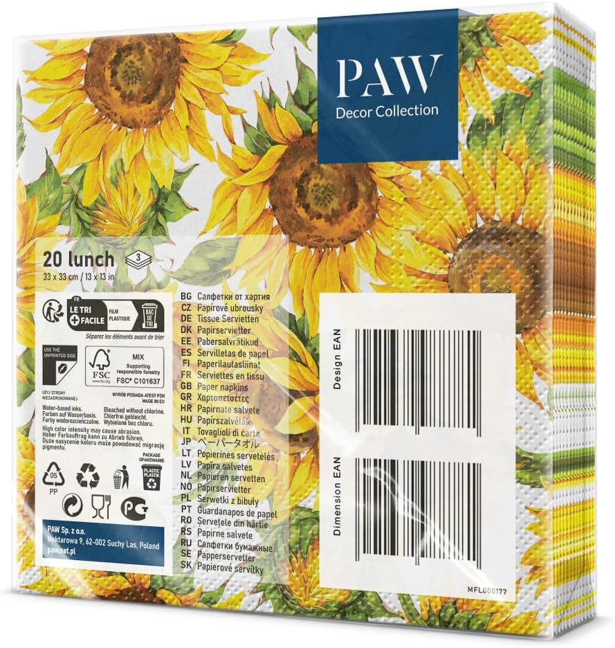 PAW - Tovaglioli 3 Veli (33 X 33 Cm) I 20 Pezzi I Perfetti per Compleanni, Feste, Appuntamenti I Decorazioni per la Tavola Autunnali I Tovaglioli di Carta Colorati - Petali Gialli Girasole I Girasole Danzante