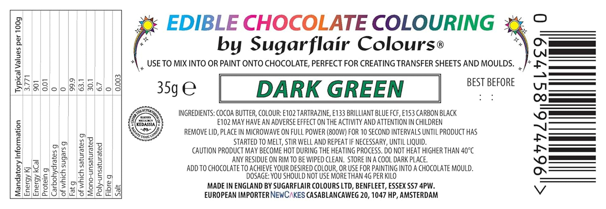 Colorante alimentare Sugarflair Chocolate Colorante alimentare per cioccolato verde fondente - Burro di cacao biologico colorato, colorante per colorare il cioccolato, praline - 35g