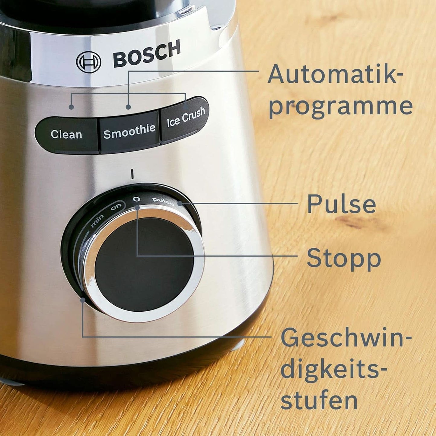 Robot da cucina Bosch Vitapower Serie 4 MMB6382M, Edelstahl-Klingen Made in Germany, 1,5 L Thermosafe Glasbehälter, Stopfer, Sicherheitsdeckel, Spülmaschinengeeignete Teile, 30.000 U/Min, 1200 W, Edelstahl Kitchen Naty Shop