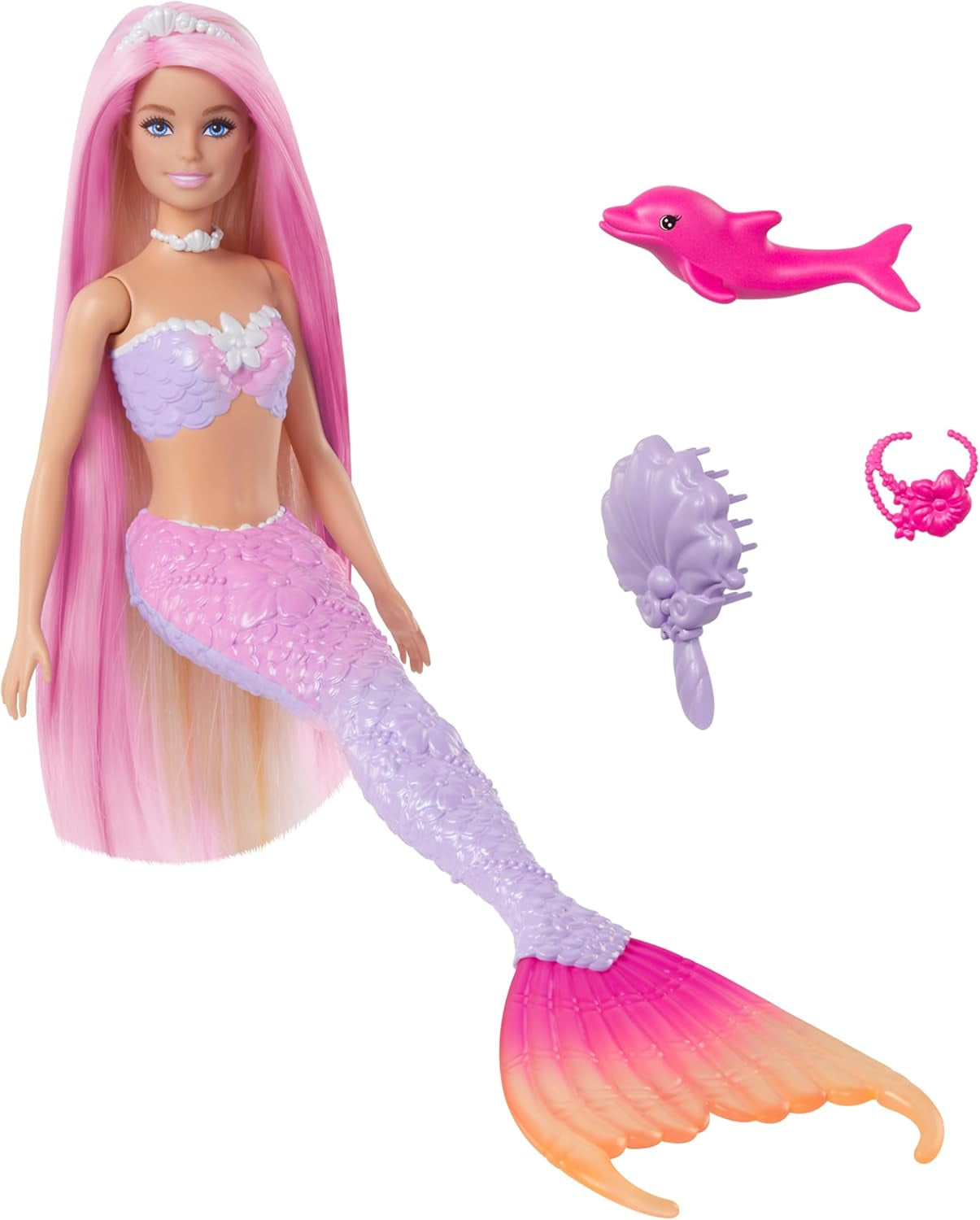 BARBIE Bambola Sirena - Ispirata alla serie TV "Barbie: Hidden Magic" con effetto cambia colore e accessori, capelli rosa lunghi 19 cm per lo styling, per bambini dai 3 anni in su, HRP97