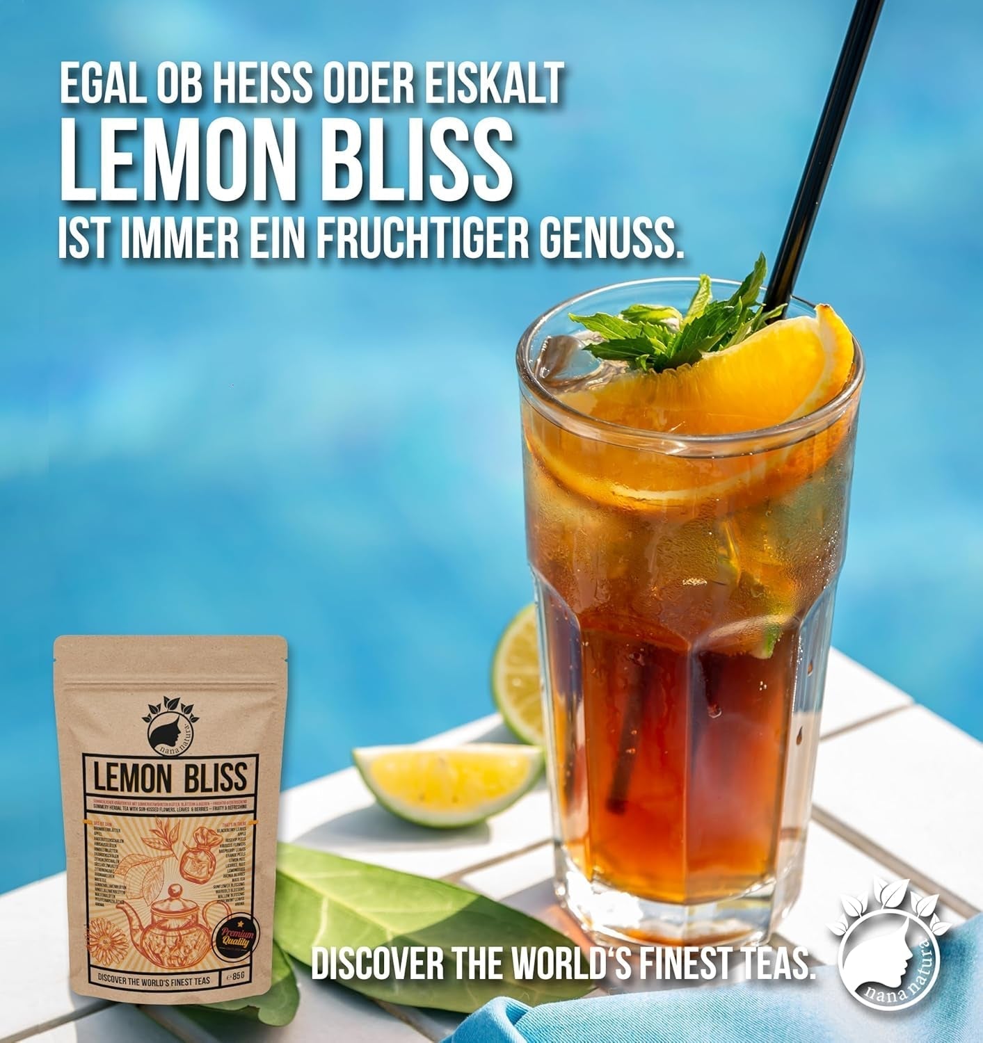 TÈ originale AL LIMONE BLISS di Nananatura 85G | Tisana estiva fruttata e rinfrescante | Come tè freddo, tè freddo o classico caldo | Con fiori, foglie e bacche maturate al sole | Niente zucchero