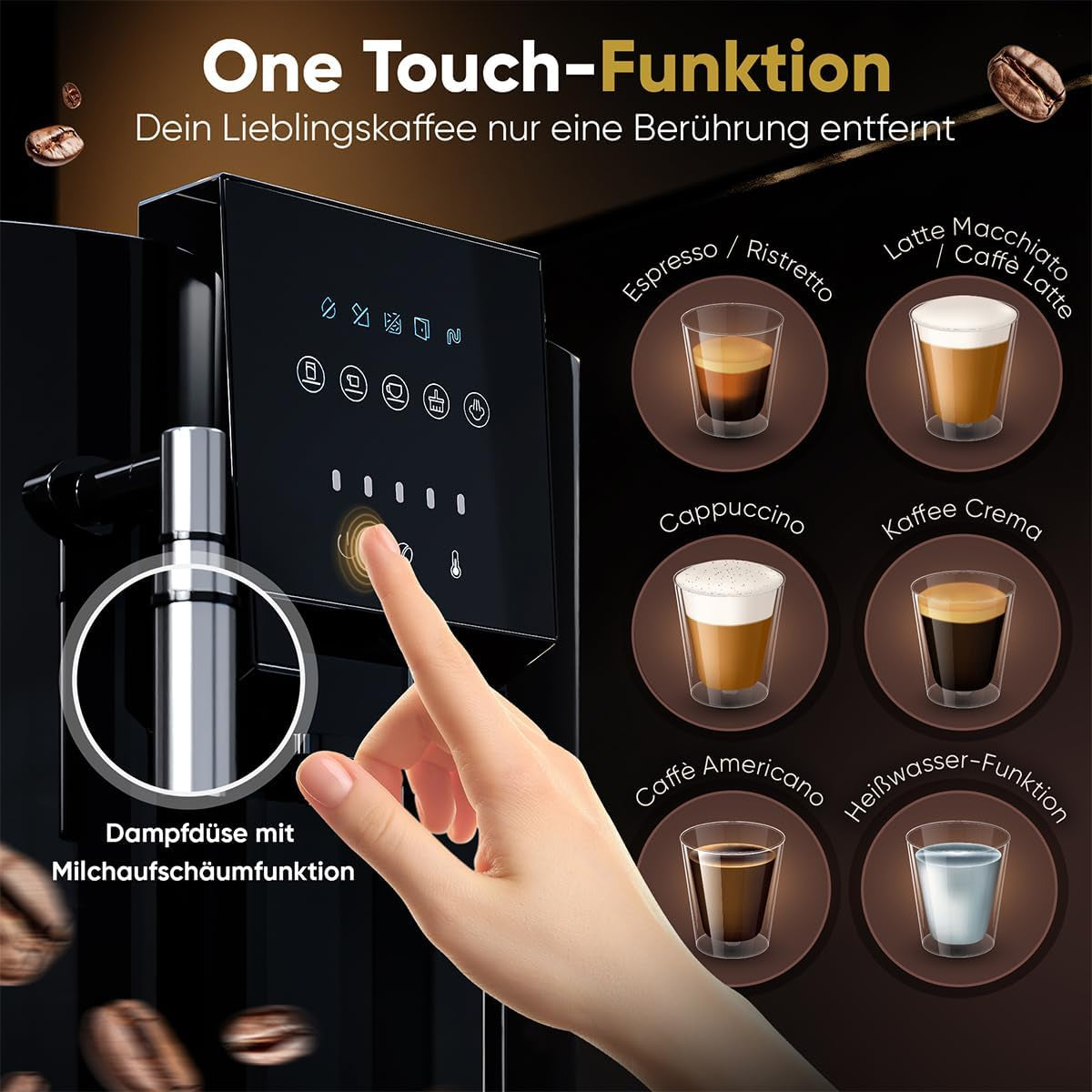 Macchina per caffè espresso ProfiCook® completamente automatica con montalatte per cappuccino | Macina conica | con funzione scaldatazze | Pompa Professionale Italiana | Touchscreen | Espresso | PCKAV1281