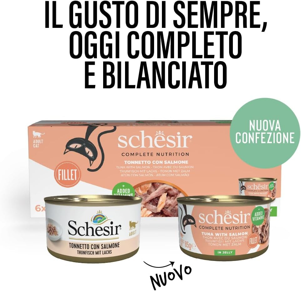 Tonno Salmone in Gelatina, Alimento umido completo per gatti, in scatola, con vitamine aggiunte, 100% naturale, 6 x 85 g