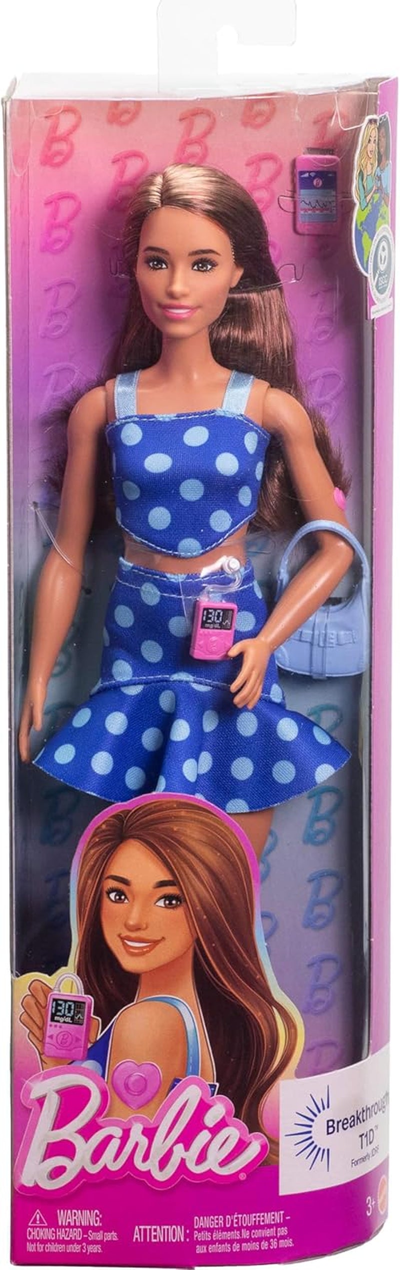 Barbie Fashionistas #242 Bambola con diabete di tipo 1 e vestito a pois e accessori in collaborazione con Breakthrough T1D, HYT97