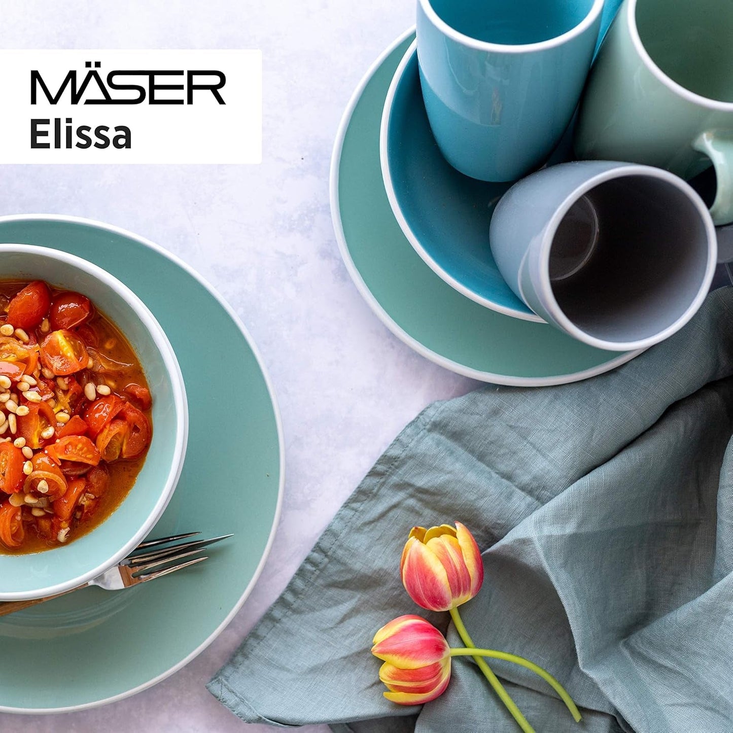 MÄSER 931844 Set di stoviglie moderne serie Elissa per 6, blu con bordo bianco, set combinato da 24 pezzi, ceramica