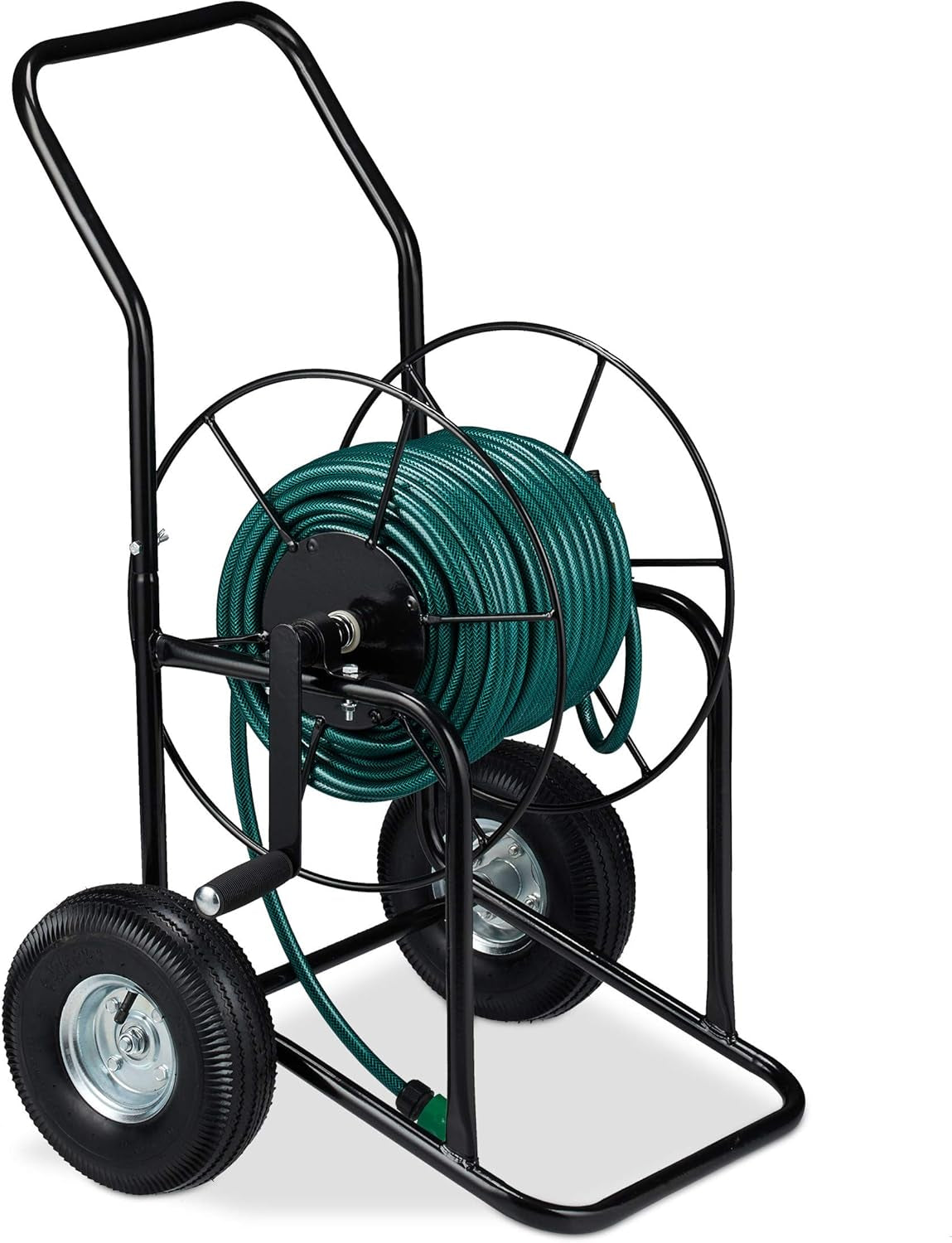 Carrello portatubo Relaxdays, avvolgitubo mobile, attacco 1/2" e 3/4", tubo fino a 80 m, 2 ruote, metallo, nero