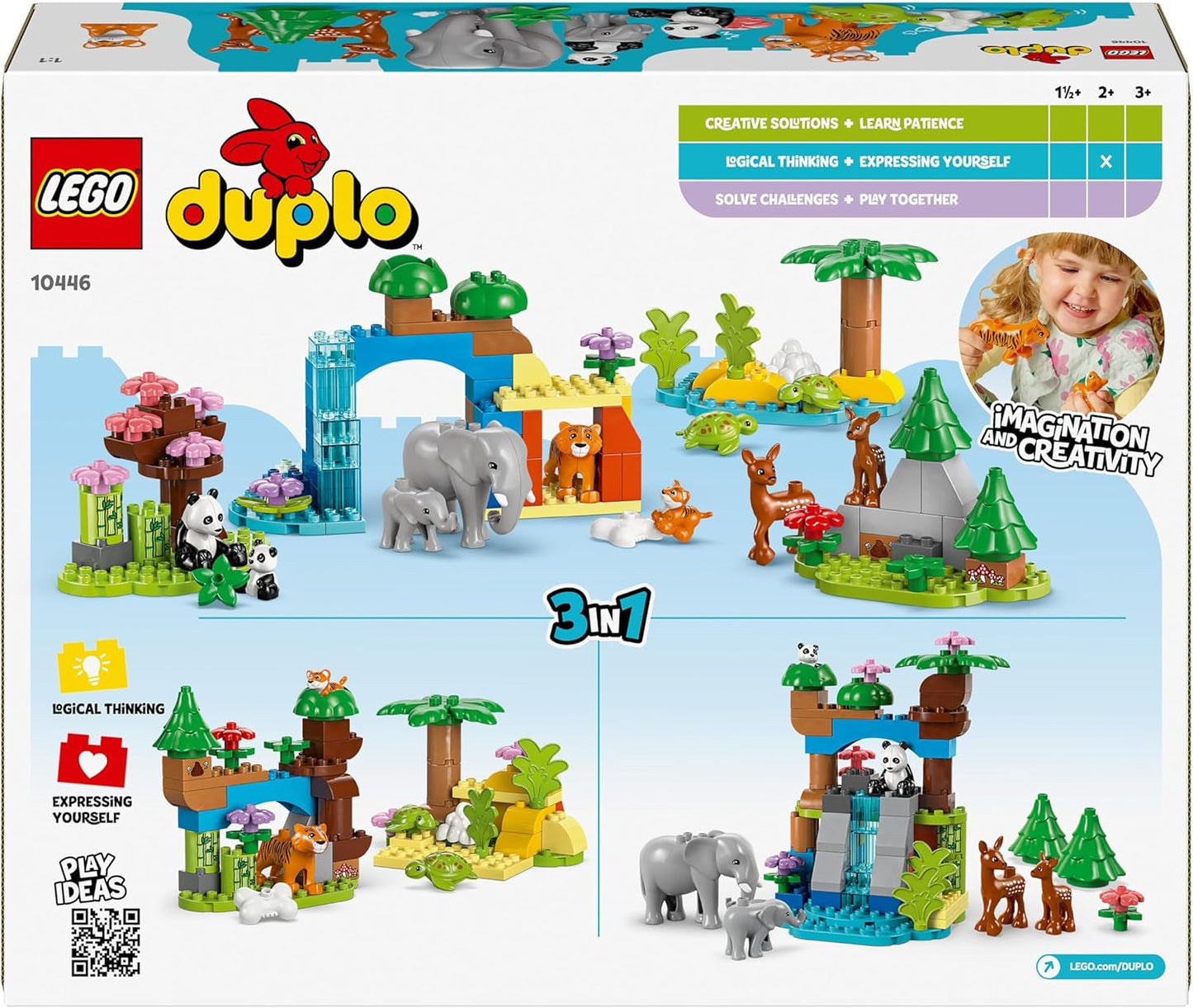 LEGO DUPLO Town Wild Animal Families Set 3 in 1, Giocattolo educativo per bambini con tartarughe, tigri, elefanti, cervi, panda, Set per bambini in età prescolare a partire da 2 anni, Giocattolo da costruzione con personaggi di animali 10446 Set da costruzione Beuche den LEGO-Store