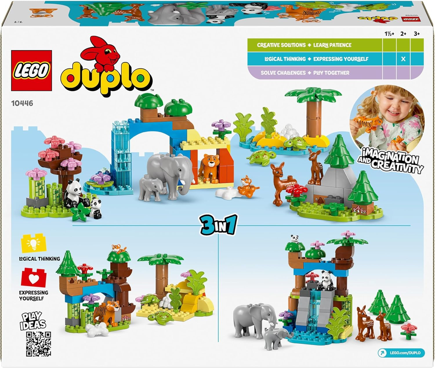 LEGO DUPLO Town Wild Animal Families Set 3 in 1, Giocattolo educativo per bambini con tartarughe, tigri, elefanti, cervi, panda, Set per bambini in età prescolare a partire da 2 anni, Giocattolo da costruzione con personaggi di animali 10446 Set da costruzione Beuche den LEGO-Store