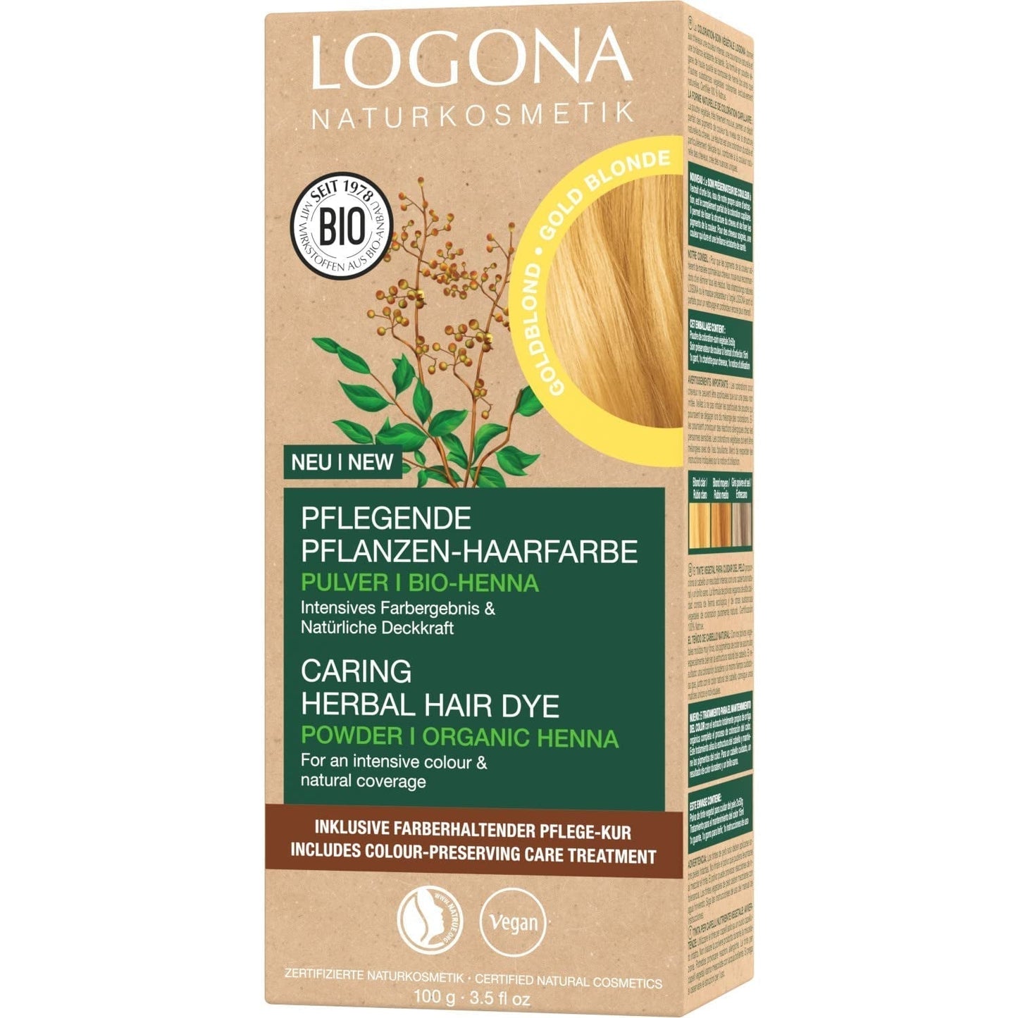 LOGONA Natural Cosmetics Tintura per capelli nutriente alle erbe, tintura per capelli vegana in polvere di henné biologico per colore e lucentezza intensi, tintura per capelli alle erbe in biondo ramato (biondo), 1 x 100 g Naty Shop Tintura per capelli biondo dorato 100 g (1 confezione)