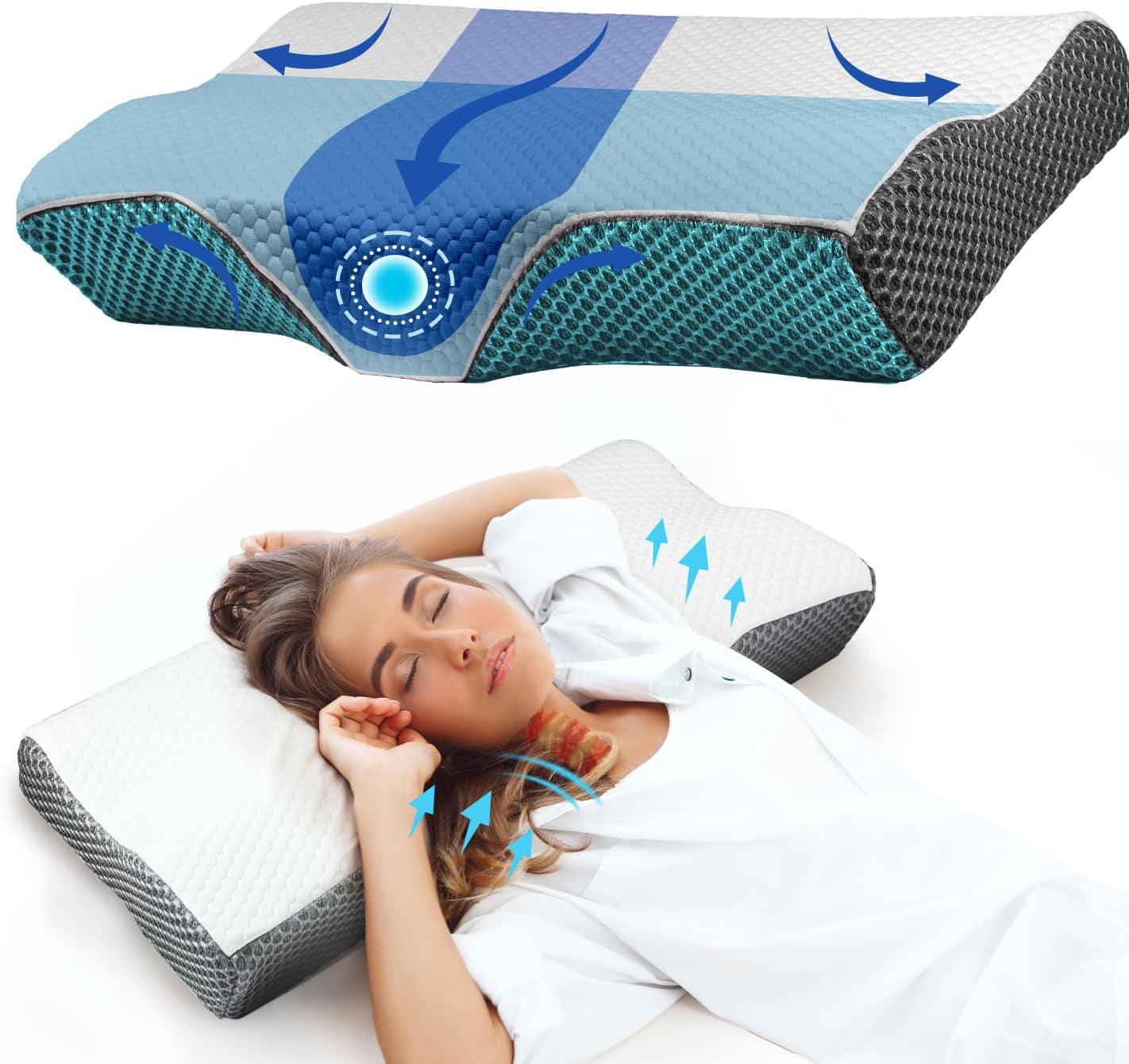 Cuscino per dolore al collo, cuscino ergonomico ortopedico per il collo, cuscino in memory foam addominale laterale posteriore, cuscino antirussamento per uomini e donne (62 * 34,5 * 12/8 CM) Cuscini ortopedici cervicali Naty Shop