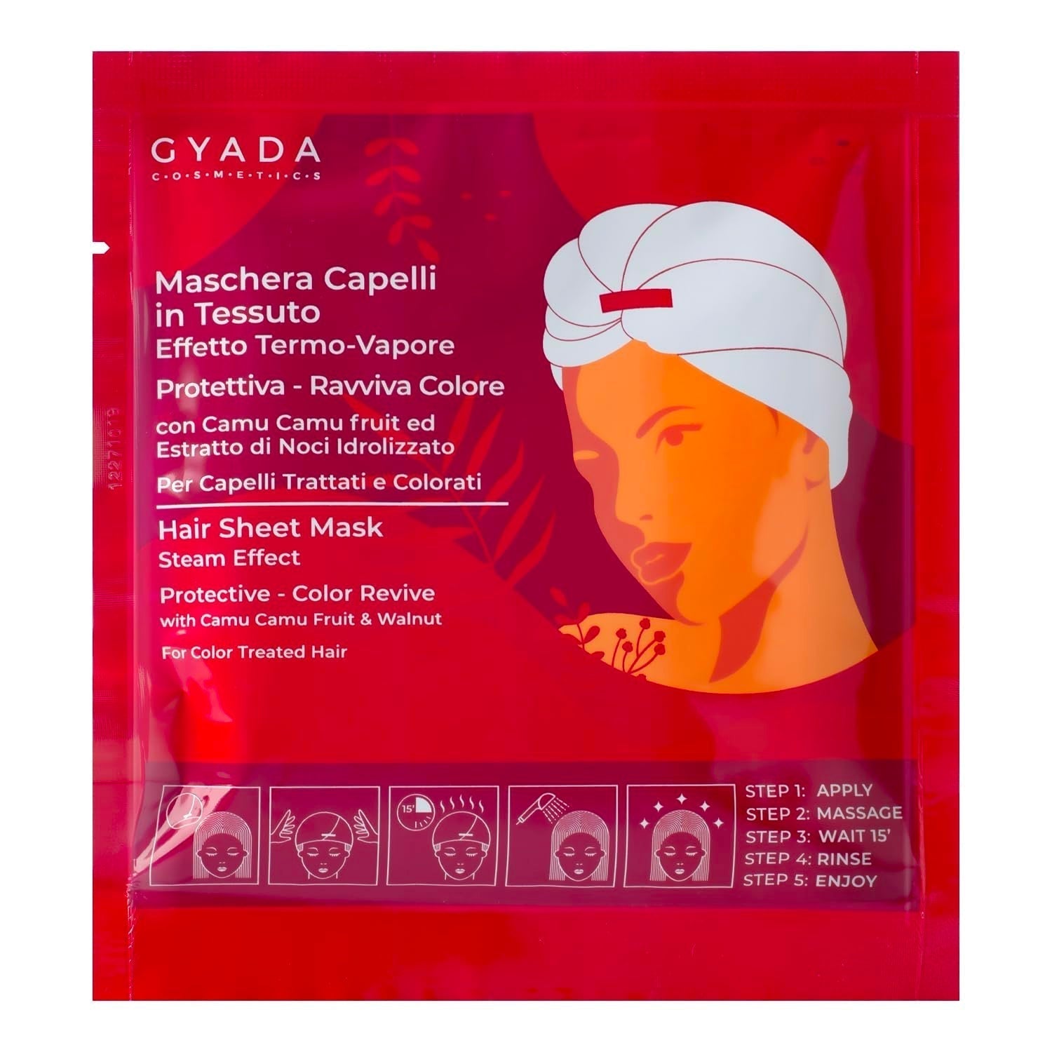 GYADA COSMETICS Maschera per capelli in tessuto per protezione del colore ed effetto brillantezza rinfrescante Cuffia termica Camomilla Olio di macadamia e pantenolo 60 ml Naty Shop Maschera per capelli 1 pezzo (confezione da 1) Noci