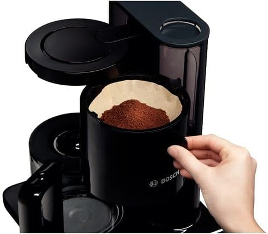 Bosch Styline TKA8013 Macchina per caffè espresso con filtro, sensore aroma, caraffa in vetro preserva aroma da 1,25 l, 10-15 tazze, spegnimento automatico, sistema di decalcificazione, sistema antigoccia, portafiltro girevole, 1160 W, Nero