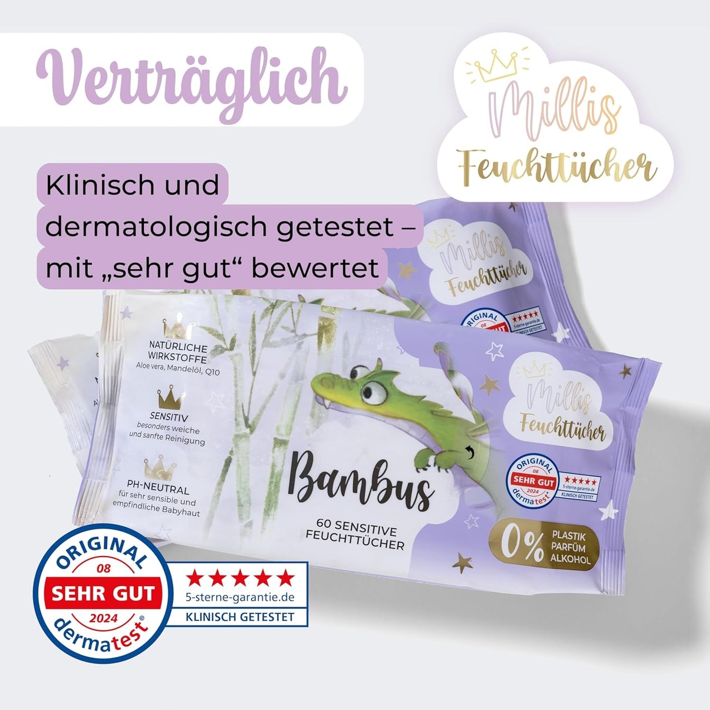 Salviette umidificate Millis Bamboo Baby Sensitive per la pelle delicata del bambino - 5 x 60 pezzi - Pulizia naturale, delicata e sostenibile - Salviette biodegradabili per neonati, senza plastica e senza alcool