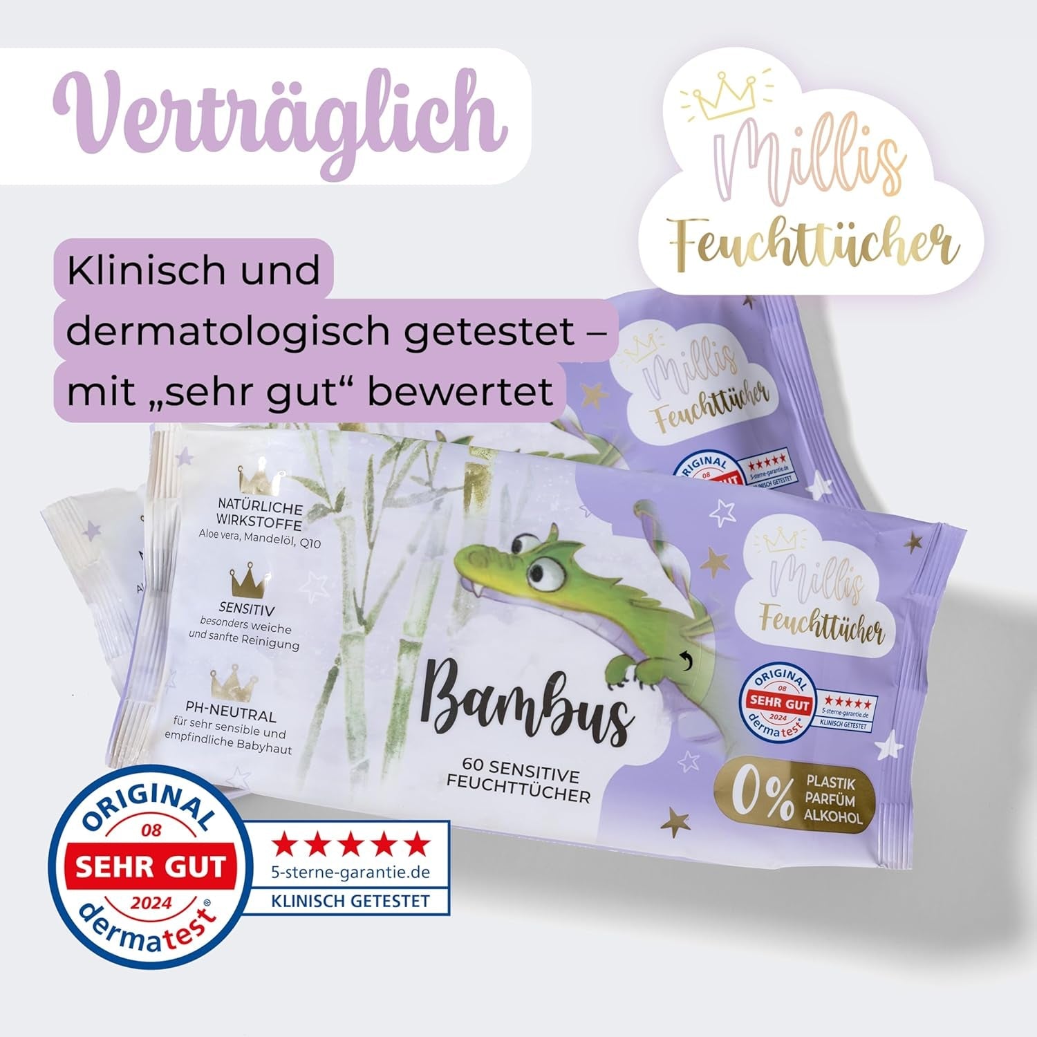 Salviette umidificate Millis Bamboo Baby Sensitive per la pelle delicata del bambino - 5 x 60 pezzi - Pulizia naturale, delicata e sostenibile - Salviette biodegradabili per neonati, senza plastica e senza alcool