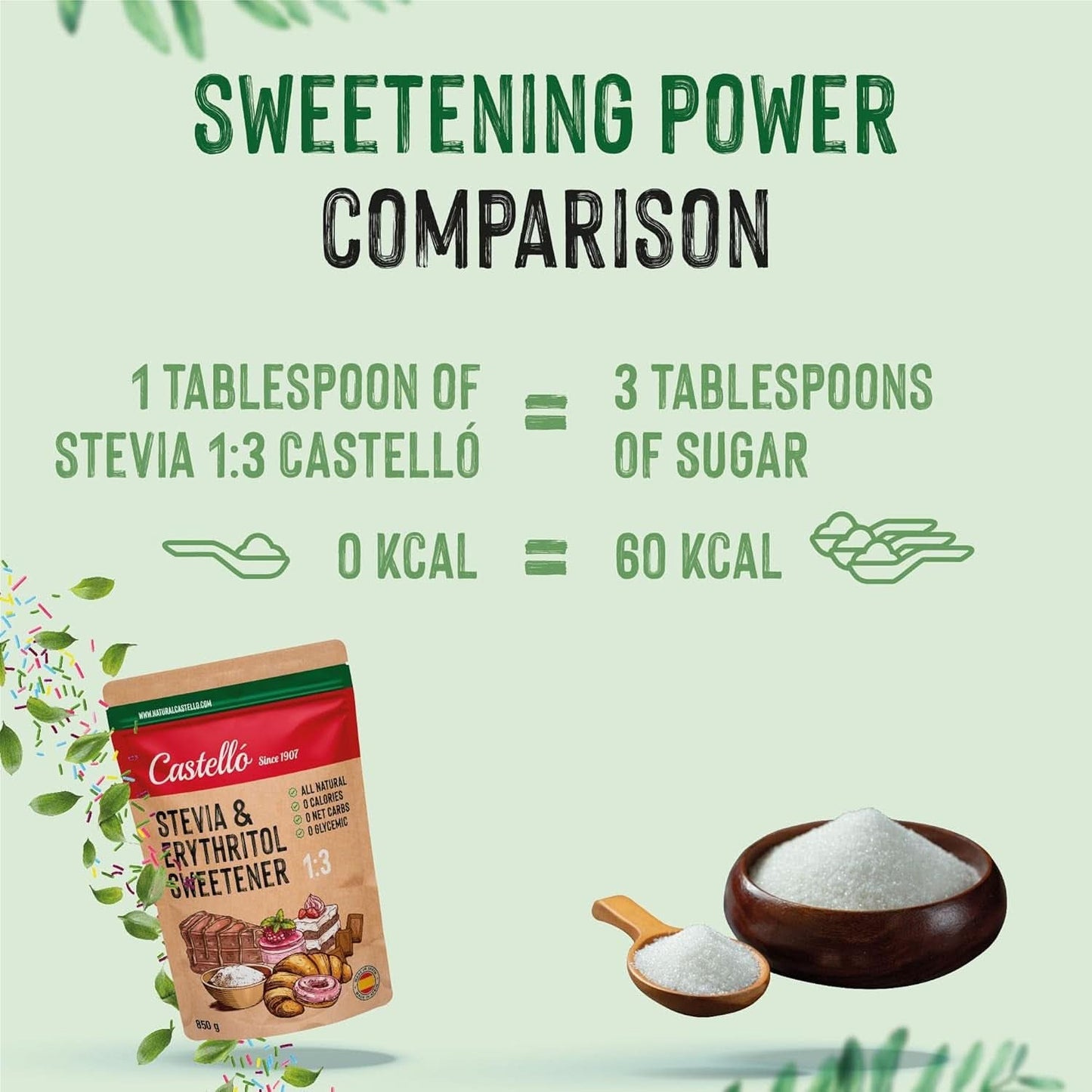 Dolcificante Stevia + Eritritolo 1:3, 1G = 3G Zucchero, 850 grammi Dolcificanti Naty Shop