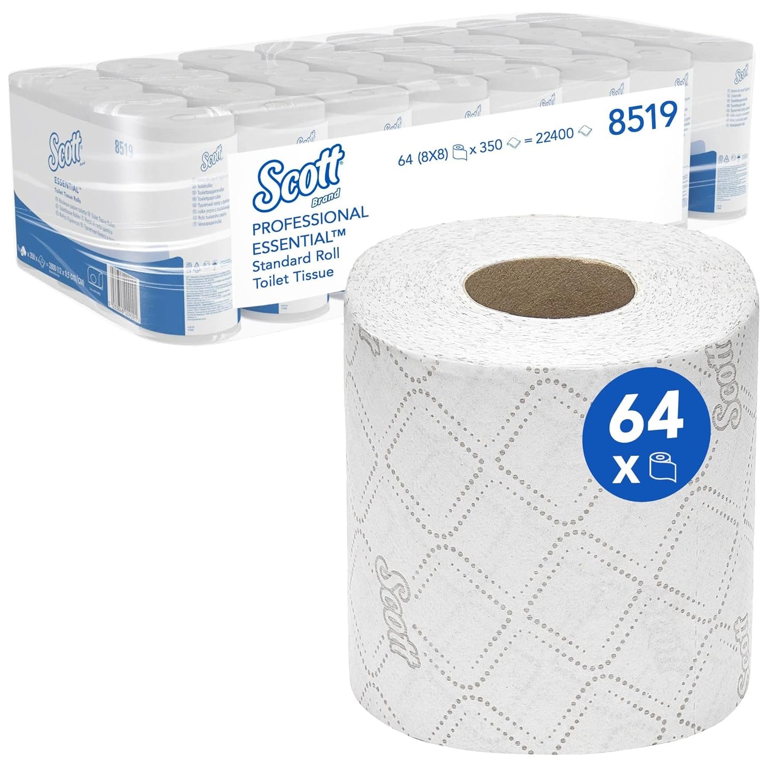 Carta igienica Scott® Essentialtm 8519 Carta igienica bianca in fibra riciclata certificata FSC a 2 veli 64 rotoli x 350 fogli (totale 22.400 fogli)