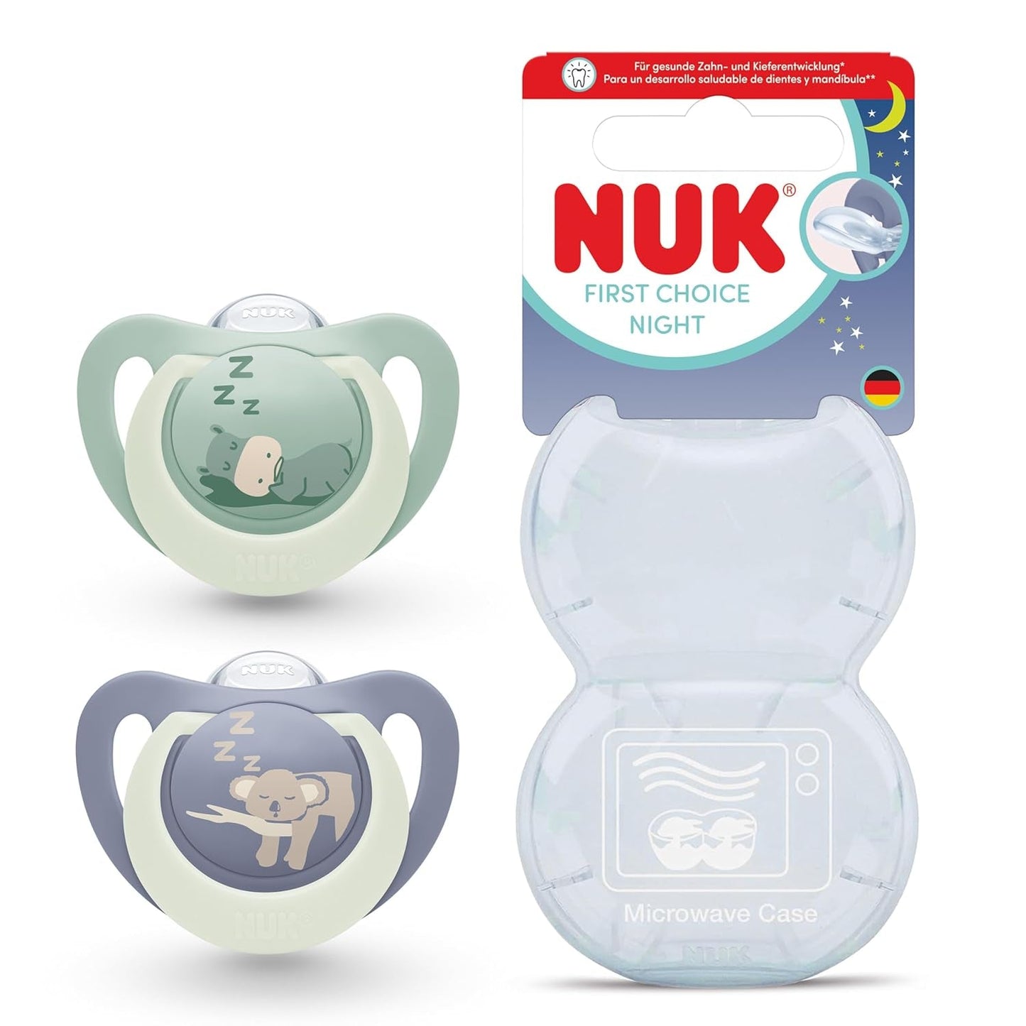 Ciucci notturni NUK First Choice per neonati | 6-18 mesi | Ciucci ortodontici che si illuminano al buio | Lenisce il 99% dei bambini** | Ippopotamo/Koala | Confezione da 2