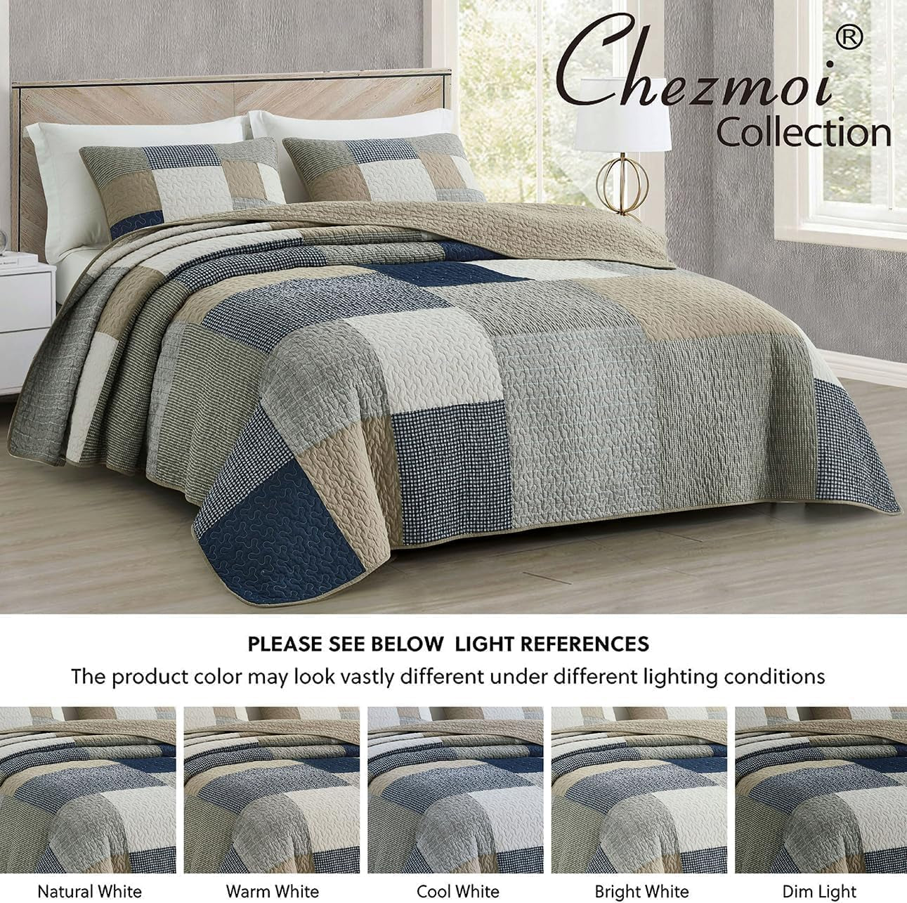 Collezione Chezmoi Addy Set trapunta patchwork Cotone prelavato Leggero Reversibile Per tutte le stagioni Oversize 3 pezzi Blu marino Bianco Grigio Talpa Trapunte e trapunte scozzesi Naty Shop