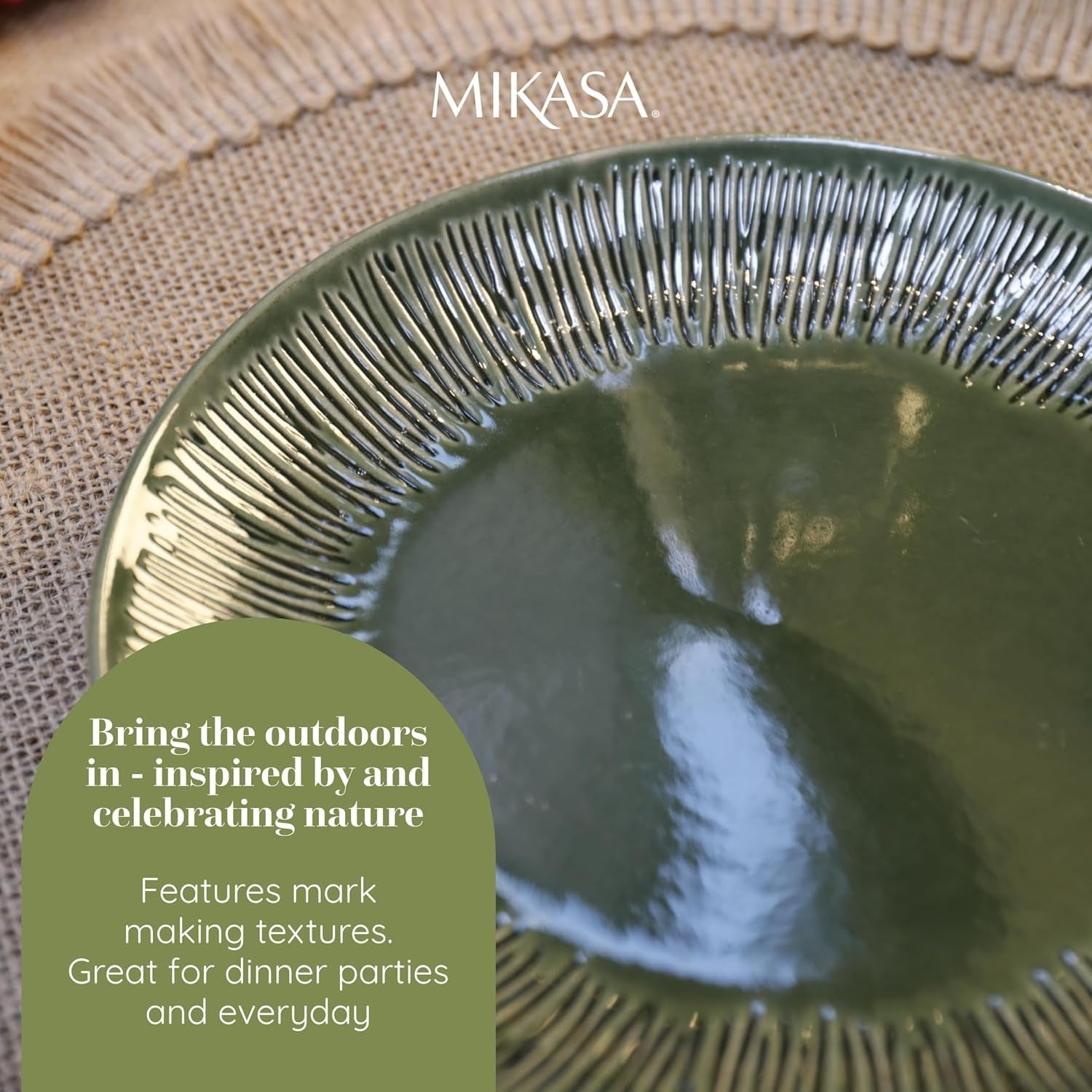 Mikasa Jardin Servizio Piatti 12 Pezzi, Servizio Piatti in Gres per 4 Persone con Piatti, Piattini e Ciotole, Verde - Confezione Regalo e Lavabile in Lavastoviglie