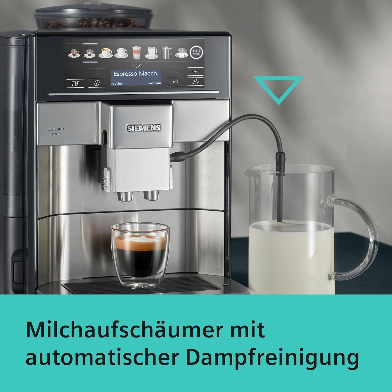 Macchina per caffè espresso automatica Siemens EQ.6 plus s700 TE657503DE, per molte specialità di caffè, montalatte, macinacaffè in ceramica, doppia funzione caffè, anticalcare, pulizia automatica a vapore, 1500 W, acciaio inossidabile