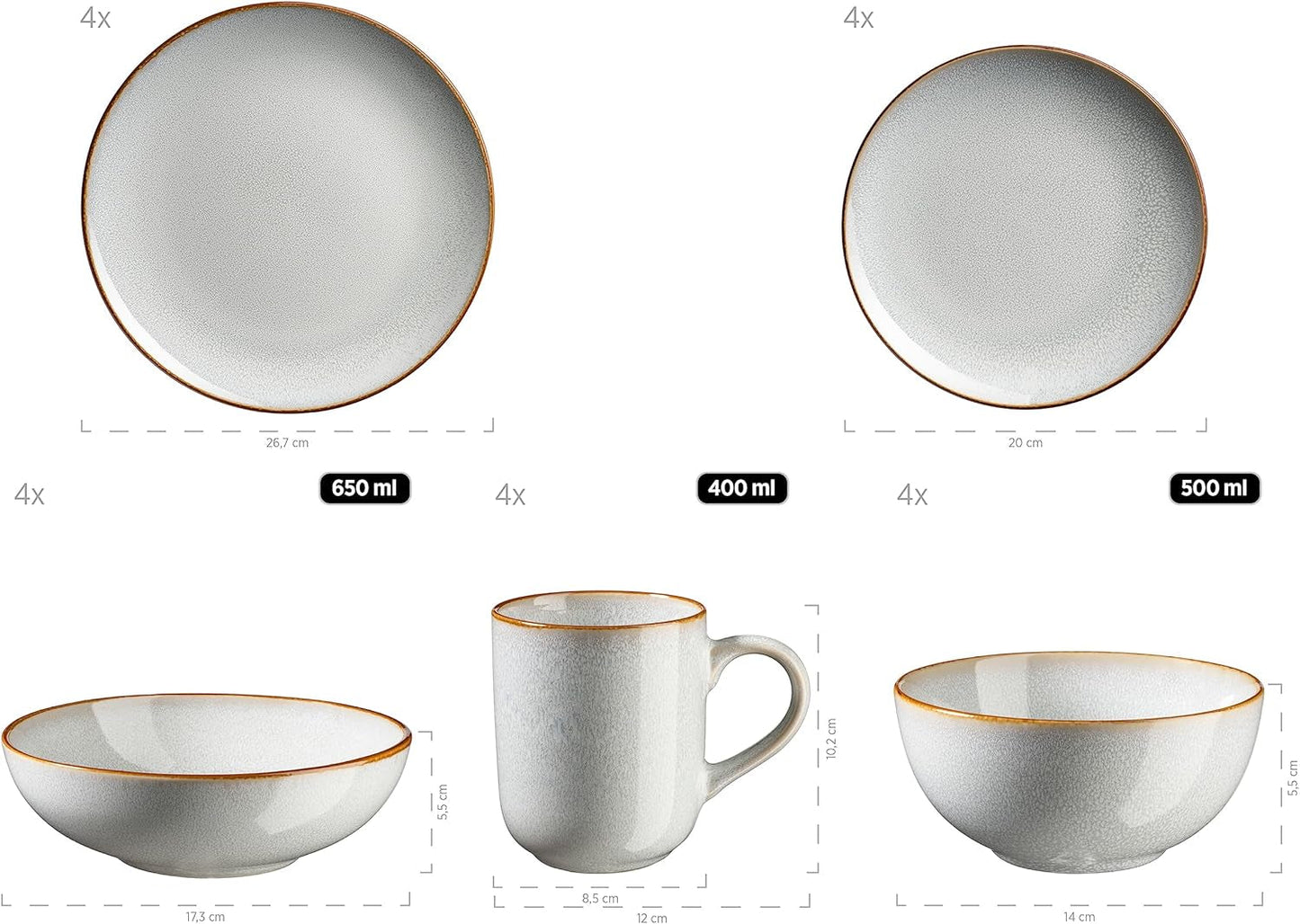 MÄSER Mabella, Servizio di stoviglie vintage per 4, servizio combinato da 20 pezzi con raffinata smaltatura reattiva e raffinato bordo marrone, Gres, Grigio-Beige