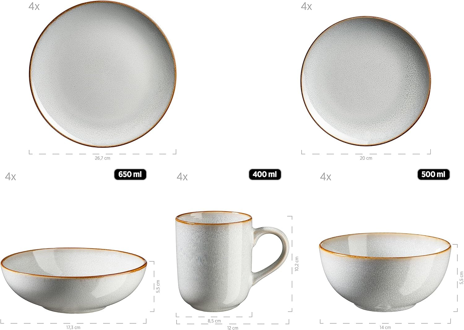 MÄSER Mabella, Servizio di stoviglie vintage per 4, servizio combinato da 20 pezzi con raffinata smaltatura reattiva e raffinato bordo marrone, Gres, Grigio-Beige