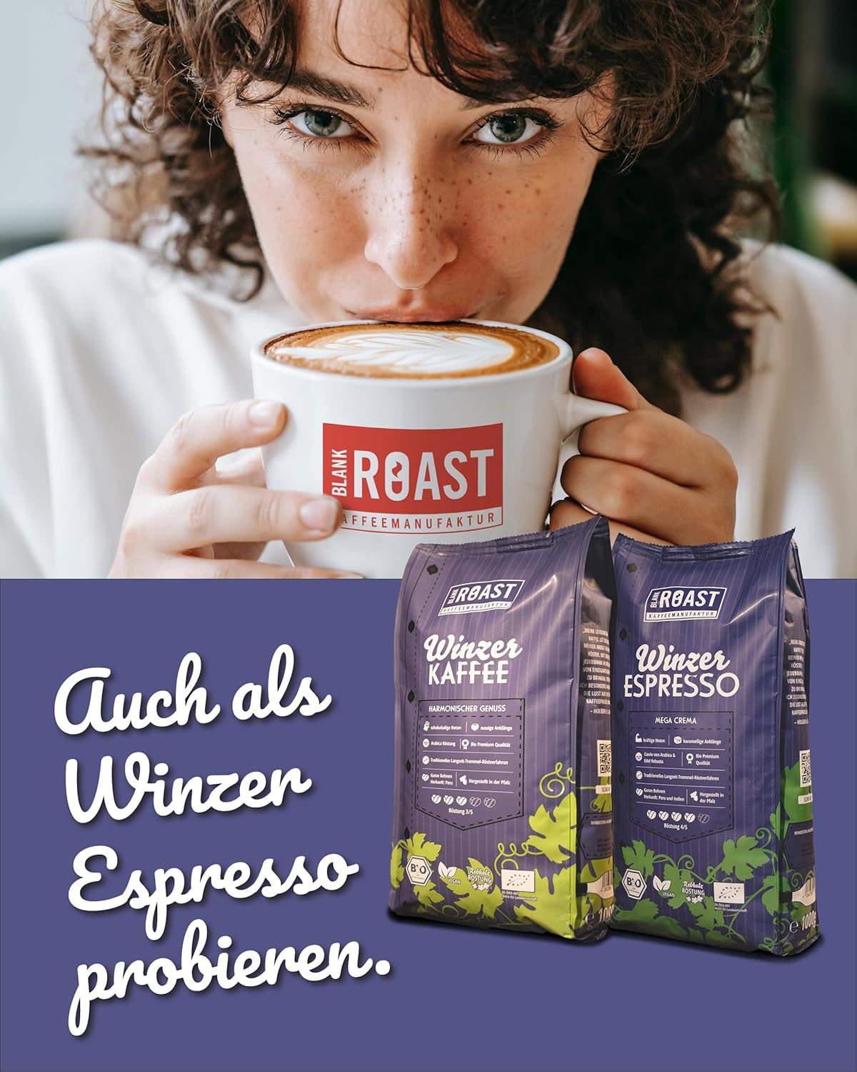 Blank Roast - BIO Winzer Kaffee 1000g - schonend mit Pfälzer Rebholz geröstet - ganze Kaffee-Bohnen aus Perù - 100% Arabica Röstung - schokoladig & nutig - säurearm