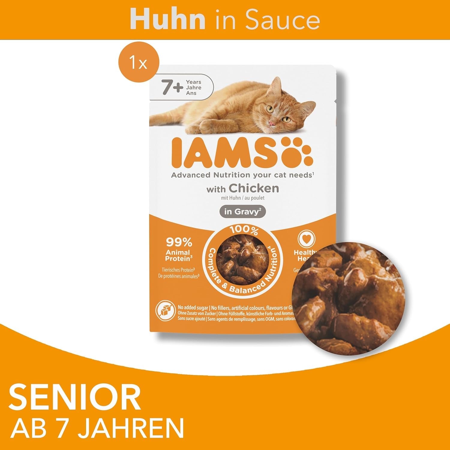 IAMS Delights Cibo umido per gatti con pollo in salsa per gatti anziani dai 7 anni in su - Formato prova, busta individuale, 1 x 85 g
